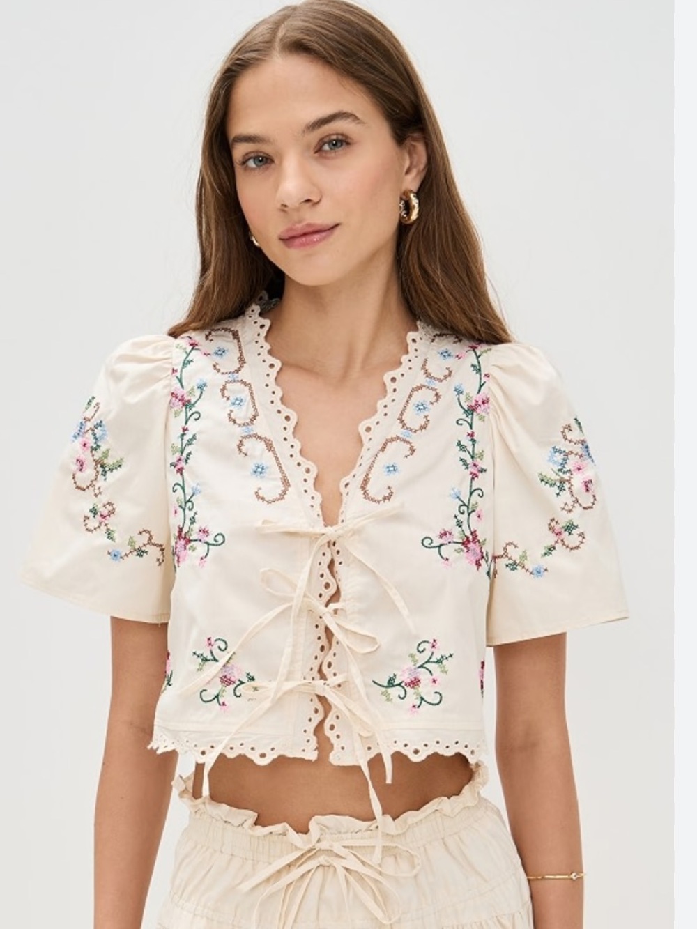 Moon River Cream Eyelet Lace-Up Puff Sleeve Top with Pastel Embroidery
